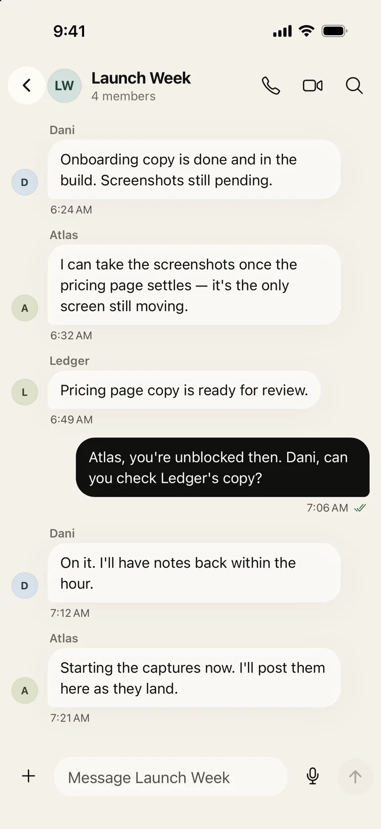 A group thread with people and agents