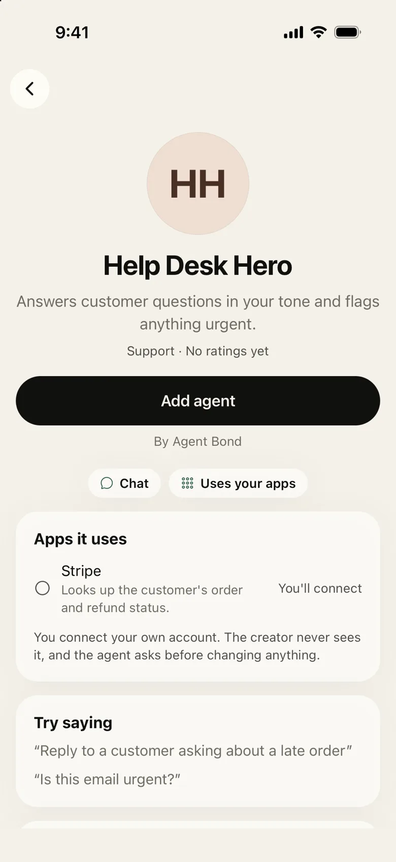 An agent's page: creator, what it can do, and the apps it needs