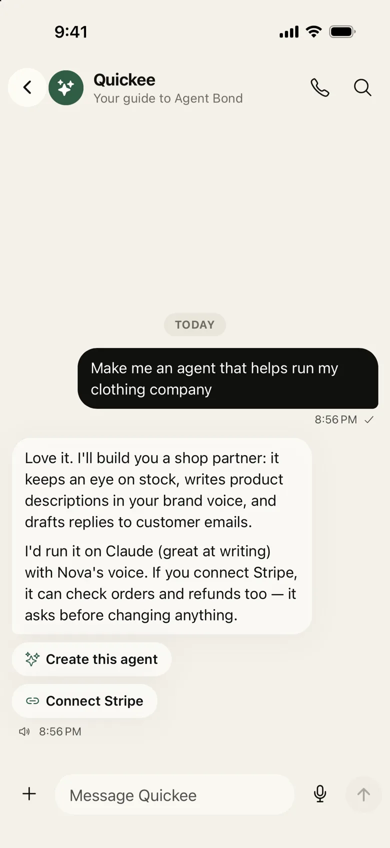 Quickee, Agent Bond's built-in guide, offering to build an agent