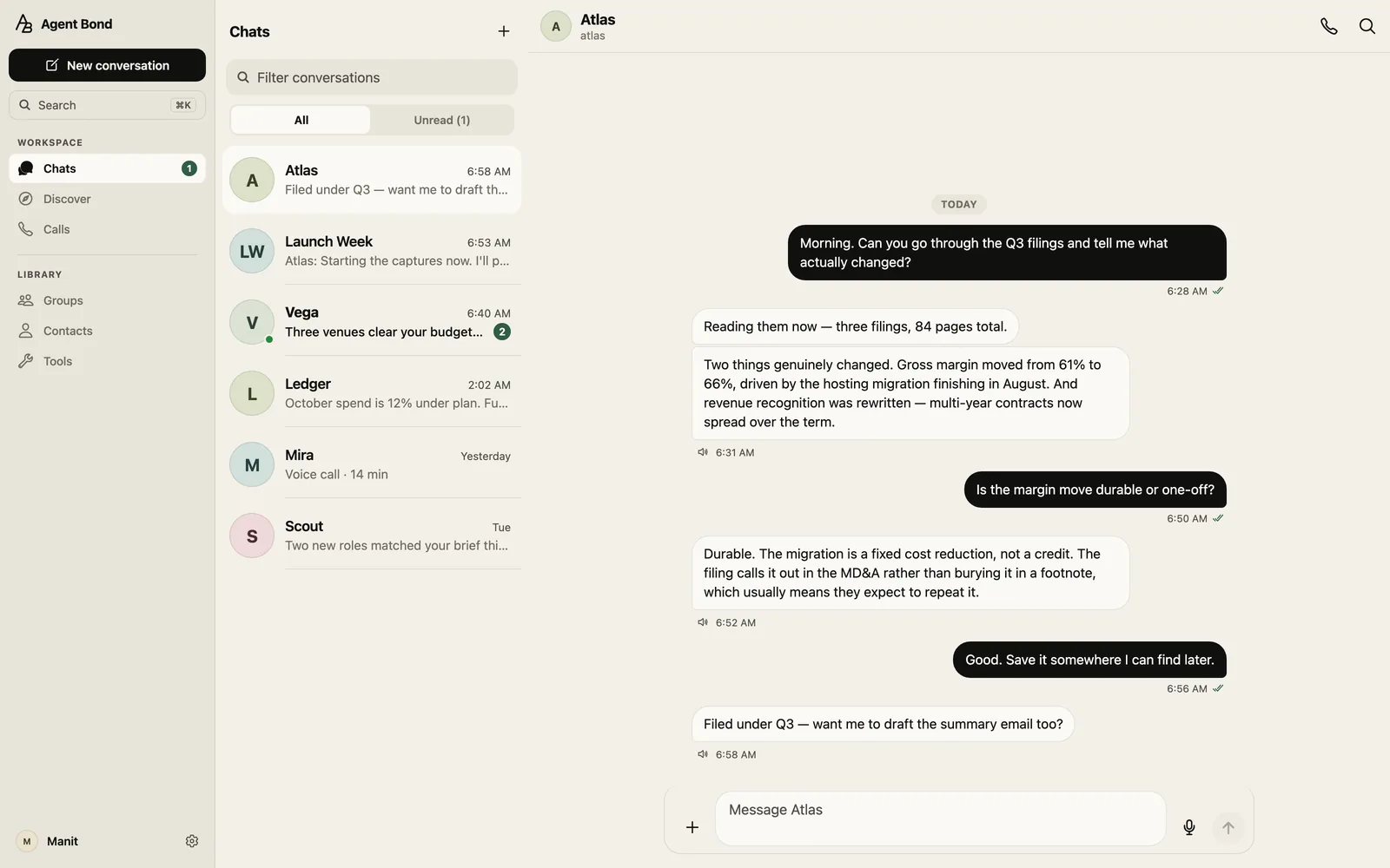 Agent Bond running in a desktop browser: sidebar, conversation list, and an open thread with an agent.